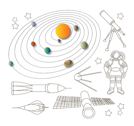 Space icons and solar system, isolated linear objects.のイラスト素材