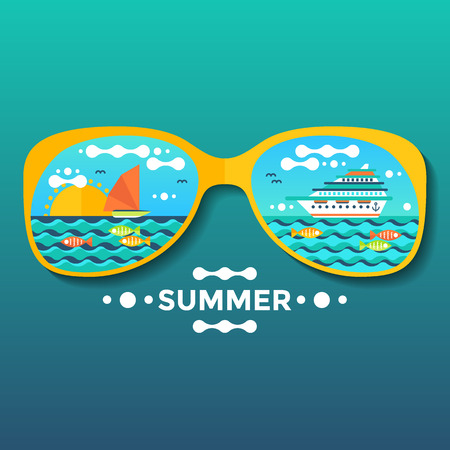 Summer vacation flat illustration, cruise adventure, swimming underwater backgroundのイラスト素材