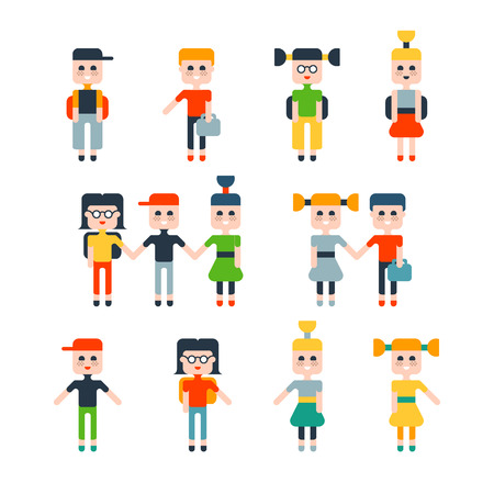 Set of flat isolated children, schoolboys and schoolgirls.のイラスト素材