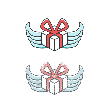 Gift with wings icon type, retro scratched and cartoon styles, isolated objects.のイラスト素材