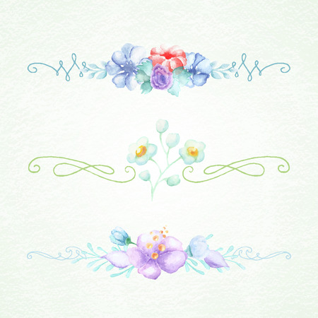 Watercolor decorative elements, three vector objects. Isolated headers, borders for postcards, backgrounds in vintage style.のイラスト素材