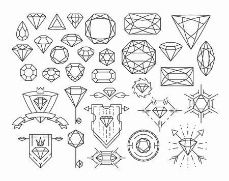 Set of isolated gem stones and thin line design elements, emblems with diamonds.