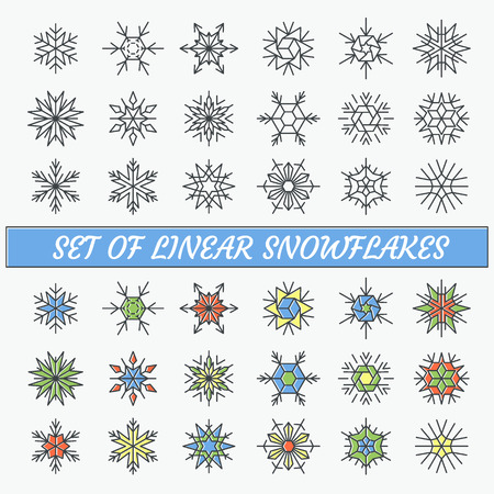 Set of linear snowflakes, line empty and color contour objects.のイラスト素材