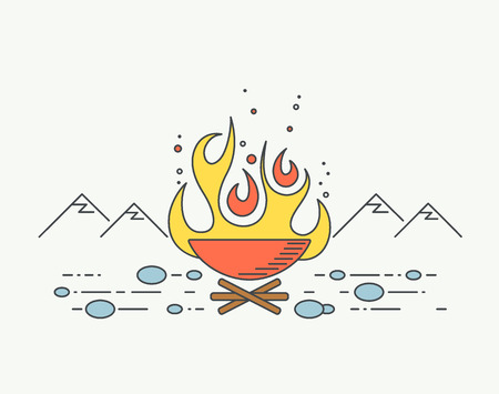 Campfire graphical illustration, tourist fire lineart.のイラスト素材