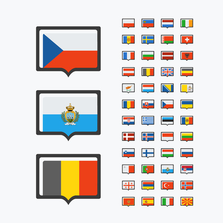 Europe flags, set of vector flat icons of 48 european countries, pointers for infographics.のイラスト素材