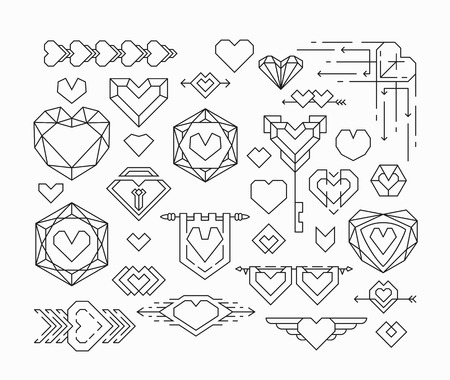 Set of isolated hearts and thin line design elements, romantical emblems with hearts.のイラスト素材