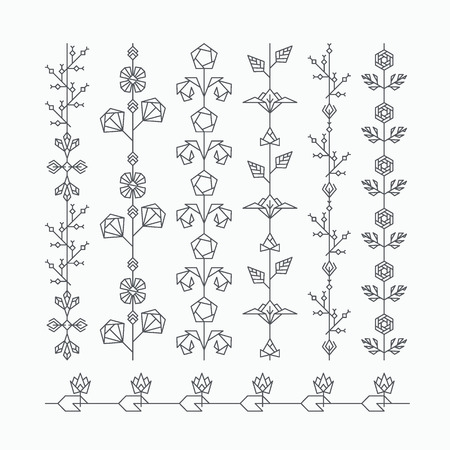 Set of seamless geometrical floral ornaments, hipster decorative brushes with polygonal leaves and flowersのイラスト素材