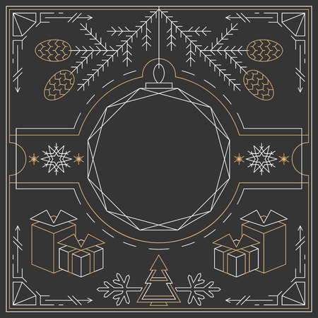 Christmas linear background, lineart postcard, hipster new year frame.のイラスト素材