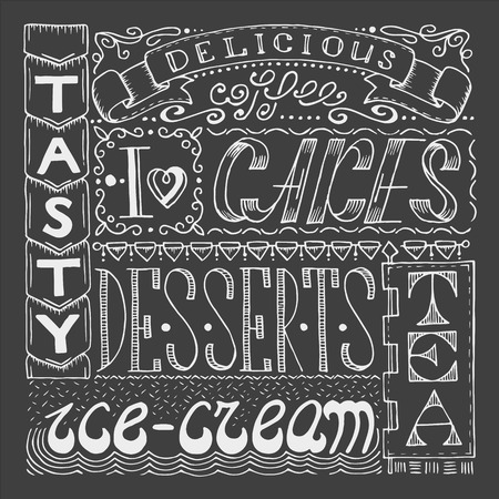 Hand drawn cafe poster with collage from different style words. Lettering design signboard for confectionery.のイラスト素材