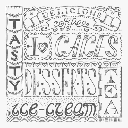 Hand drawn cafe poster with collage from different style words. Lettering design signboard for confectionery.のイラスト素材