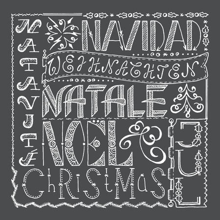 Hand drawn Christmas poster collage with different languages.のイラスト素材