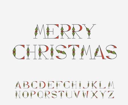 Decorative Christmas alphabet with mistletoe decorations for postcards and greetings.のイラスト素材