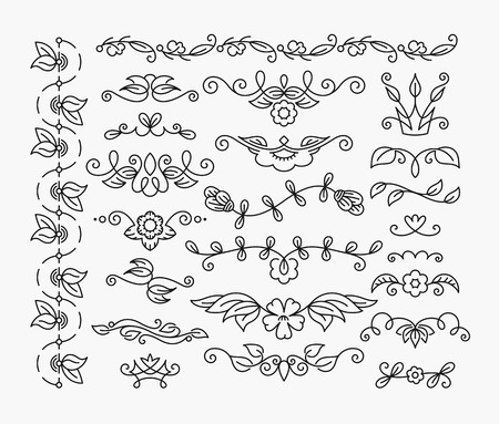 Thin mono line floral decorative design elements, set of isolated ornamental headers, dividers with leaves and flowers