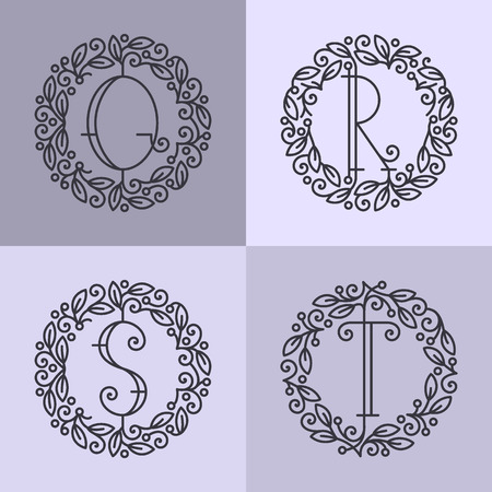 Set of line vector monograms, latin letters with floral frame - Q, R, S, T.のイラスト素材
