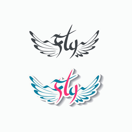Word \"Fly\" with wings emblem, flight conceptual tattoo, based on hand drawn lettering, two variations, isolated on white.のイラスト素材