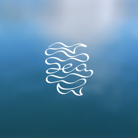 Hand drawn calligraphic sea lettering with fish and waves contours. Ocean blurry background with marine symbol.のイラスト素材