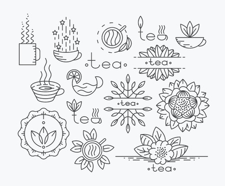Tea mono line elements for menu, package, design. Vector contour flat, emblems. Herbal and floral decorations.のイラスト素材