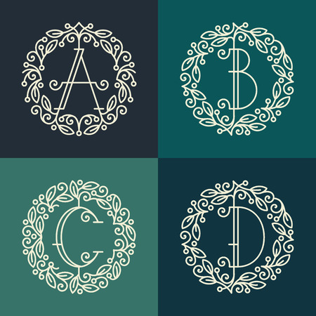 Set of line vector monograms, latin letters with floral frame - A, B, C, D.のイラスト素材