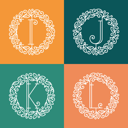 Set of line vector monograms, latin letters with floral frame - I, J, K, L.のイラスト素材