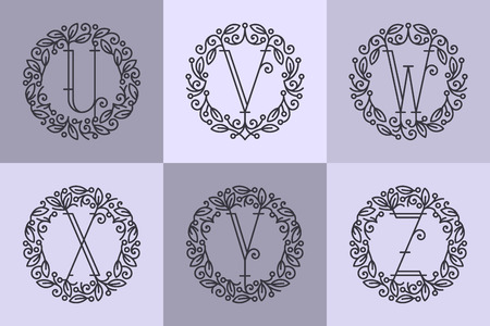 Set of line vector monograms, latin letters with floral frame - U, V, W, X, Y, Z.のイラスト素材