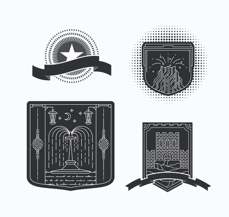 Line graphical emblems with contour resorts and sights illustrations. Historical linear emblems.のイラスト素材
