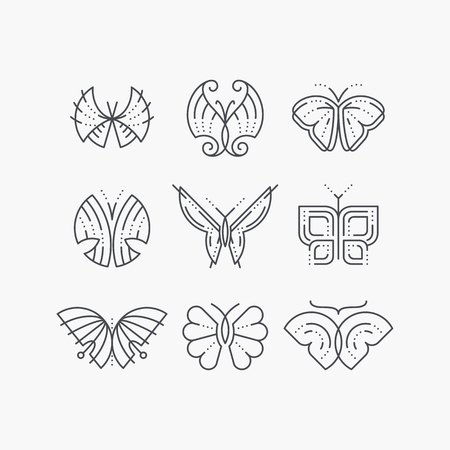 Vector set of line empty butterflies. Monochromatic graphical outline trendy icons, logos, marks.のイラスト素材