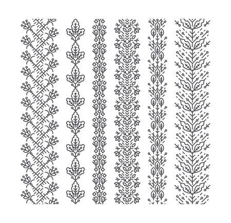 Set of seamless geometrical floral ornaments, decorative brushes, trendy mono line style, monochromatic empty outline patterns.のイラスト素材