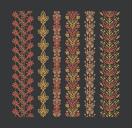 Set of seamless geometrical floral ornaments, decorative brushes, trendy mono line style, colorful empty outline patterns.のイラスト素材