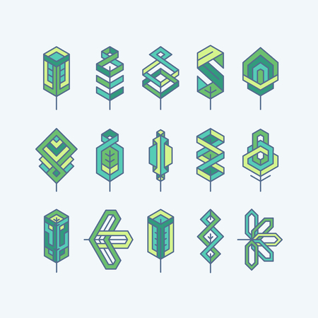 Green multicolor geometrical leaves, set of isolated symbols, logos.のイラスト素材