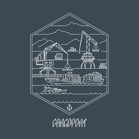 Cargo port, empty outline illustration. Mono line marine shipping theme. The used line typefont is in portfolio.のイラスト素材