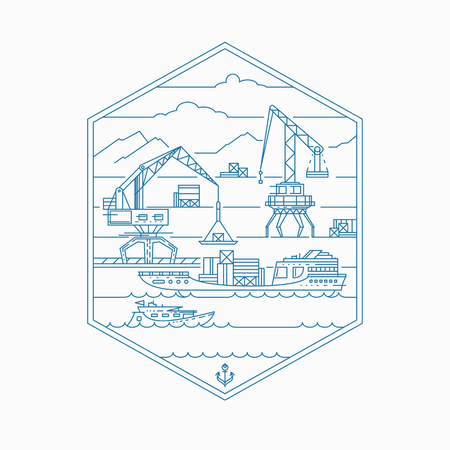 Cargo port, empty outline illustration. Mono line marine shipping theme.のイラスト素材
