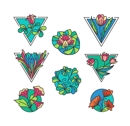 Outline floral icons. Isolated colorful flower illustrations.のイラスト素材