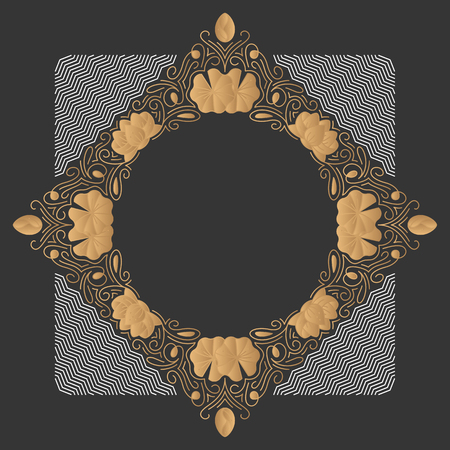Ornamental line background, monoline style. Square pattern wallpaper, postcard, advertisement with empty place for text. Gold ornament.のイラスト素材