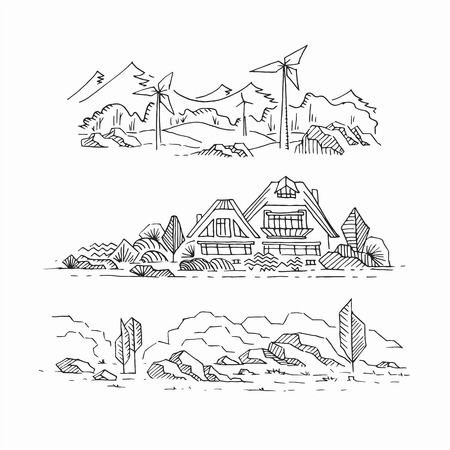 Three hand drawn sketches of eco landscapes. Countryside: countryhouse, windmills, and stony land. Graphical monochromatic isolated panoramic sights.のイラスト素材