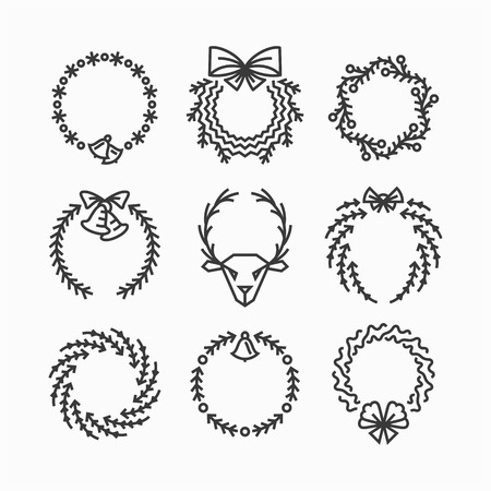 Set of line Christmas icons and decorations, new year isolated outline wreaths.のイラスト素材