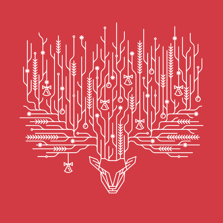 Christmas postcard, art deco linear style new year background, banner with decorative lineart deer horns.のイラスト素材