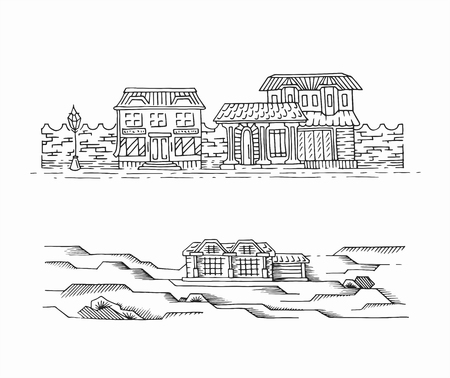 Two hand drawn sketches of landscapes with buildings. Graphical monochromatic isolated panoramic sights.のイラスト素材