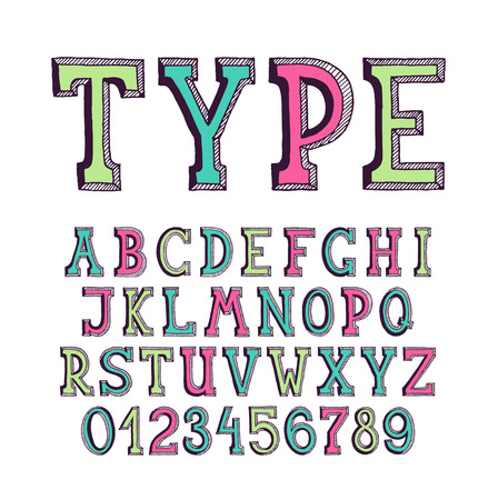 Classical hand drawn serif font with numerals for banners and lettering, empty outline, monochromatic, based on hand written letters. Easy to change color.のイラスト素材