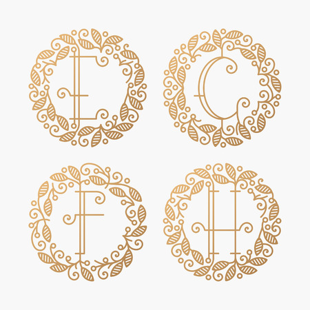 Set of line vector monograms, golden latin letters with floral frame - E, F, G, H.のイラスト素材