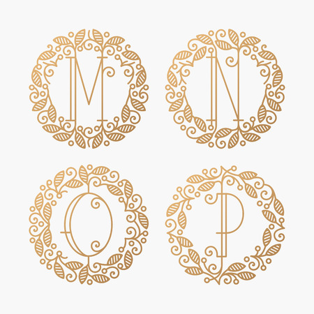 Set of line vector monograms, golden latin letters with floral frame - M, N, O, P.のイラスト素材