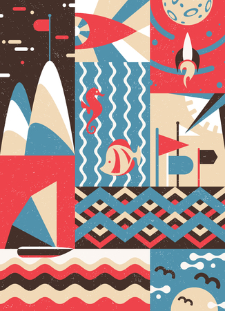 Flat design abstract poster. Cover, advertising, banner with different planet and travel sights.のイラスト素材