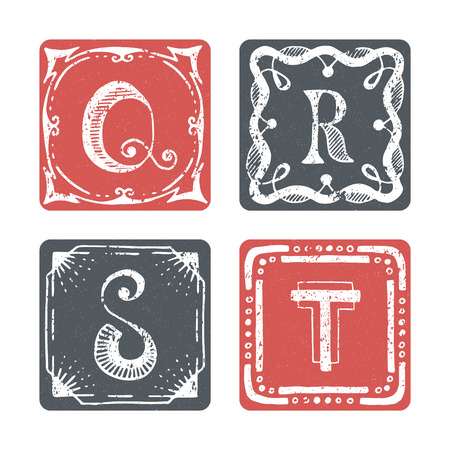 Set of graphical vector initials, hand drawn ornamental letters, isolated - Q, R, S, T.のイラスト素材