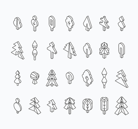 Graphical tree set, isometric line style. Outline empty isolated objects.のイラスト素材