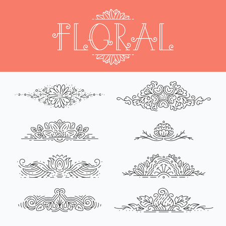 Thin mono line floral decorative design elements, set of isolated ornamental headers, dividers with leaves and flowersのイラスト素材