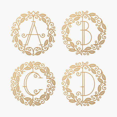 Set of line vector monograms, golden latin letters with floral frame - A, B, C, D.のイラスト素材