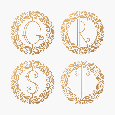 Set of line vector monograms, golden latin letters with floral frame - Q, R, S, T.のイラスト素材