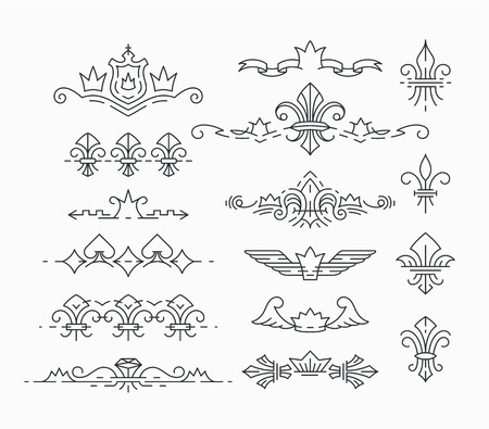 Set of line, empty royal symbols, fleur-de-lis and crown headers, dividers. Isolated, editable outline decorations.のイラスト素材