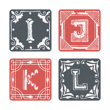 Set of graphical vector initials, hand drawn ornamental letters, isolated - I, J, K, L.のイラスト素材