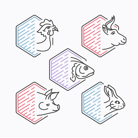 Meats line icons' vector set. Isolated, empty outline graphical symbols, marks, labels, logos for package, advertising and menu.のイラスト素材