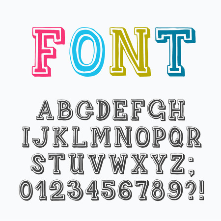 Serif latin font with numerals and punctuation marks, based on hand drawn letters.のイラスト素材